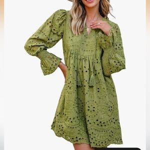 Boho Dress Tassel V Neck Long Sleeve A Line Casual Hollow Out Lace Ruffle Dress